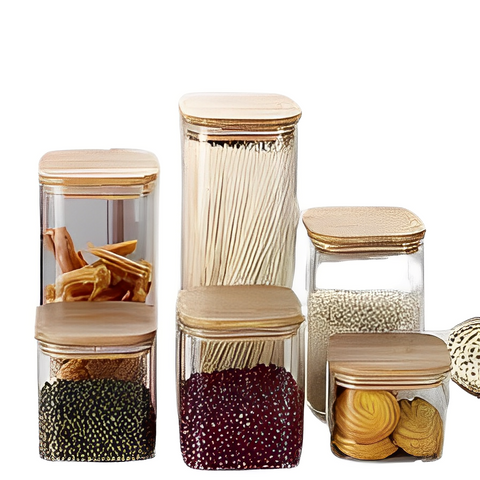 Borosilicate Glass Storage Jar With Bamboo Lids - Square - Set of 4