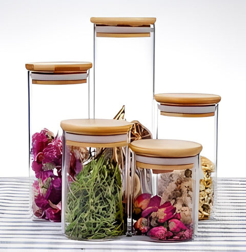 Borosilicate Glass Storage Jar With Bamboo Lids - Round - Set of 4