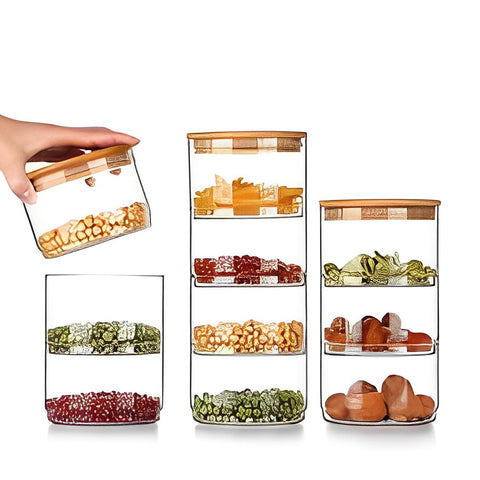 Stackable 2 OR 3 Tier Borosilicate Glass Storage Jar With Bamboo Lids -Round