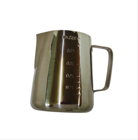 Stainless steel pitcher with measurement markings on a white background