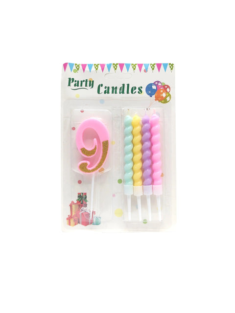 Packaged birthday candles with a number 9 and colorful balloons on a white background