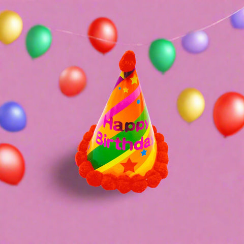 Colorful birthday hat with 'Happy Birthday' text on a white background