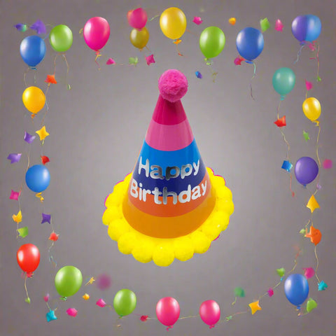 Colorful birthday hat with 'Happy Birthday' text on a white background