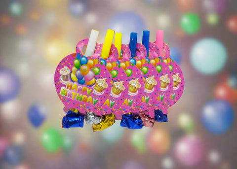 Colorful birthday-themed noisemakers on a white background