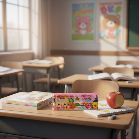 Pack of pencils with cartoon designs in a pink case labeled 'Happiness Bears'.