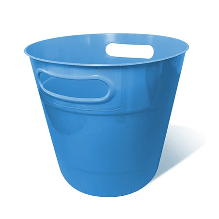 A white plastic ice bucket with cut-out handles.