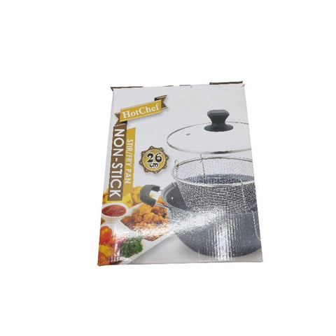 Packaging of a non-stick cookware set with images of food on a white background