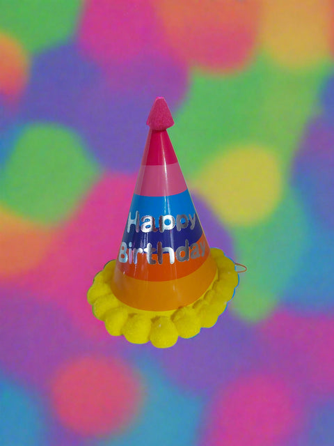 Colorful birthday hat with 'Happy Birthday' text on a white background