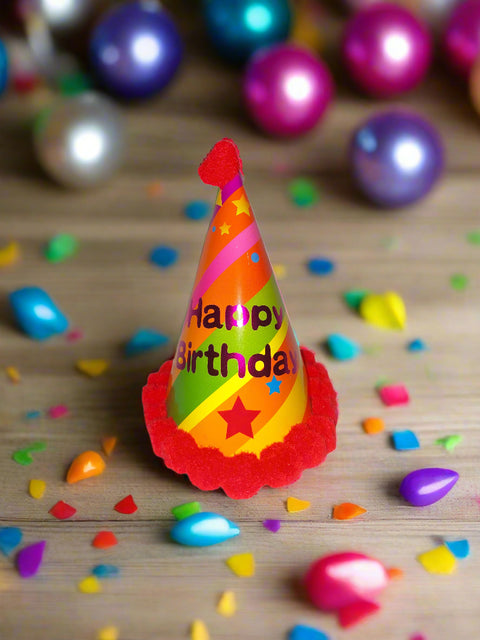 Colorful birthday hat with 'Happy Birthday' text on a white background
