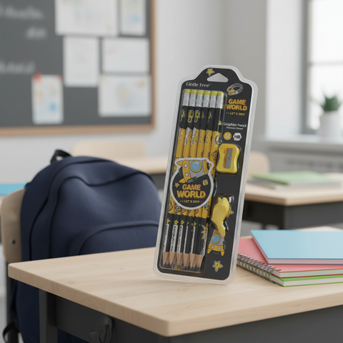 Packaged set of pencils with sharpener and eraser, featuring 'Game World' branding.