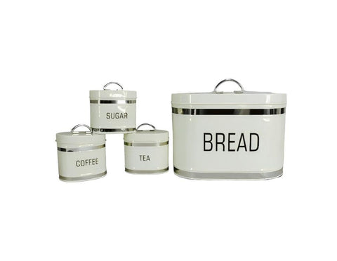 Retro Oval Bread Bin Steel Design with 3 Piece Matching Canister Set