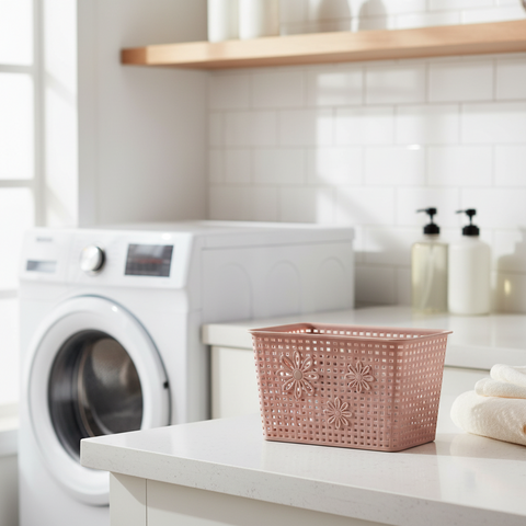 Teal storage basket with floral patterns on a white background