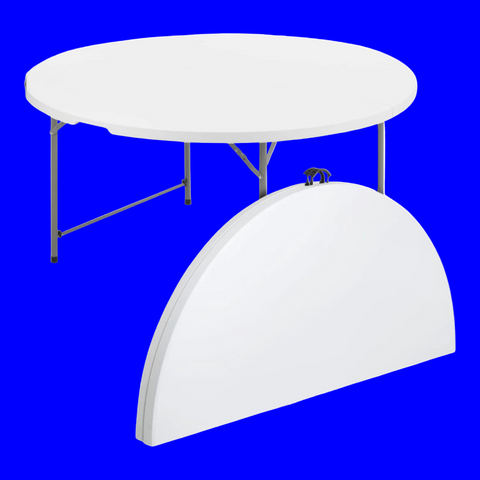 White round table with a white half-circle lamp on a white background