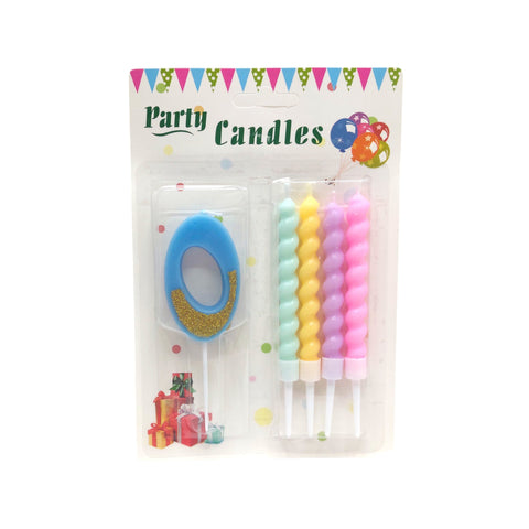 Packaged party candles with a number '0' candle and colorful wick candles on a white background.