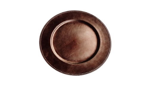A round, brown plastic serving underplate with a textured edge.