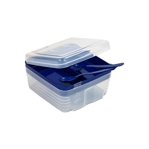 A clear plastic lunch box with a blue lid and compartments, alongside a blue spoon and a fork.